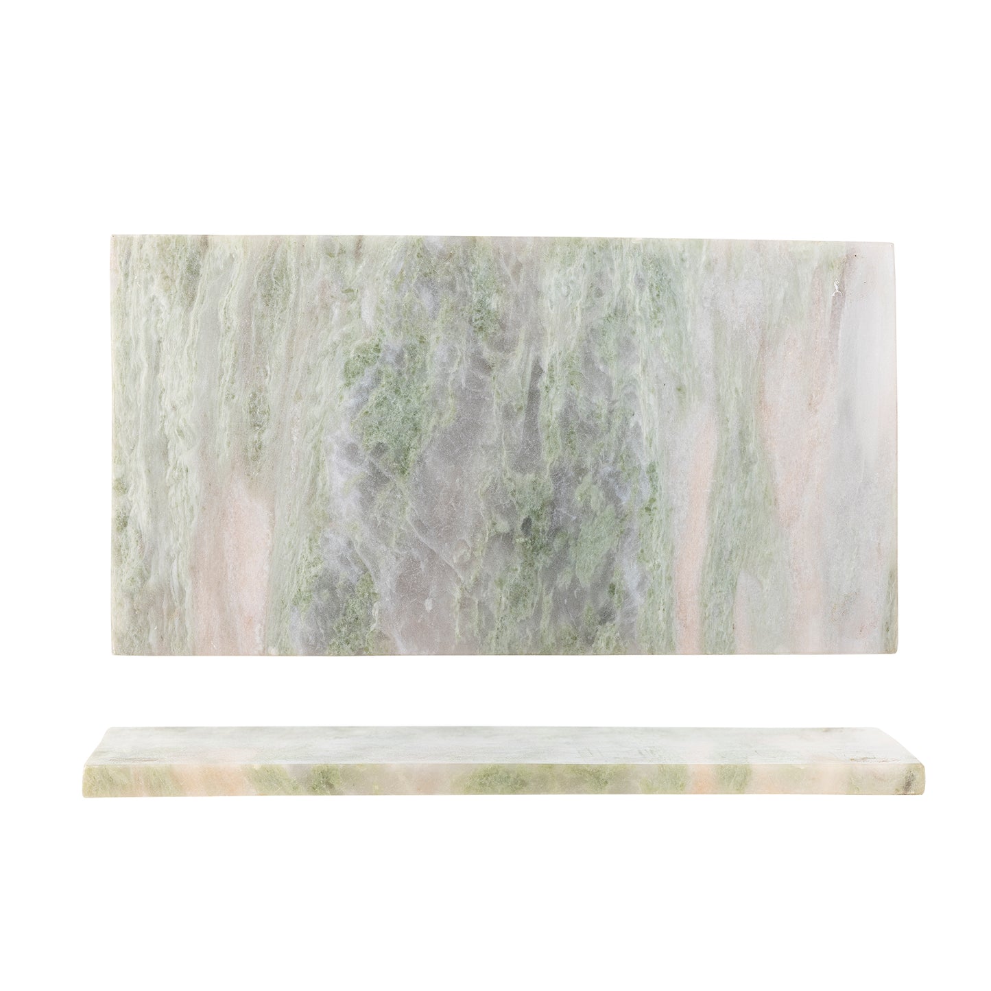 Žalia marmuro pjaustymo lenta „Keika“ – viršutinis ir šoninis vaizdas, natūralaus akmens raštas.