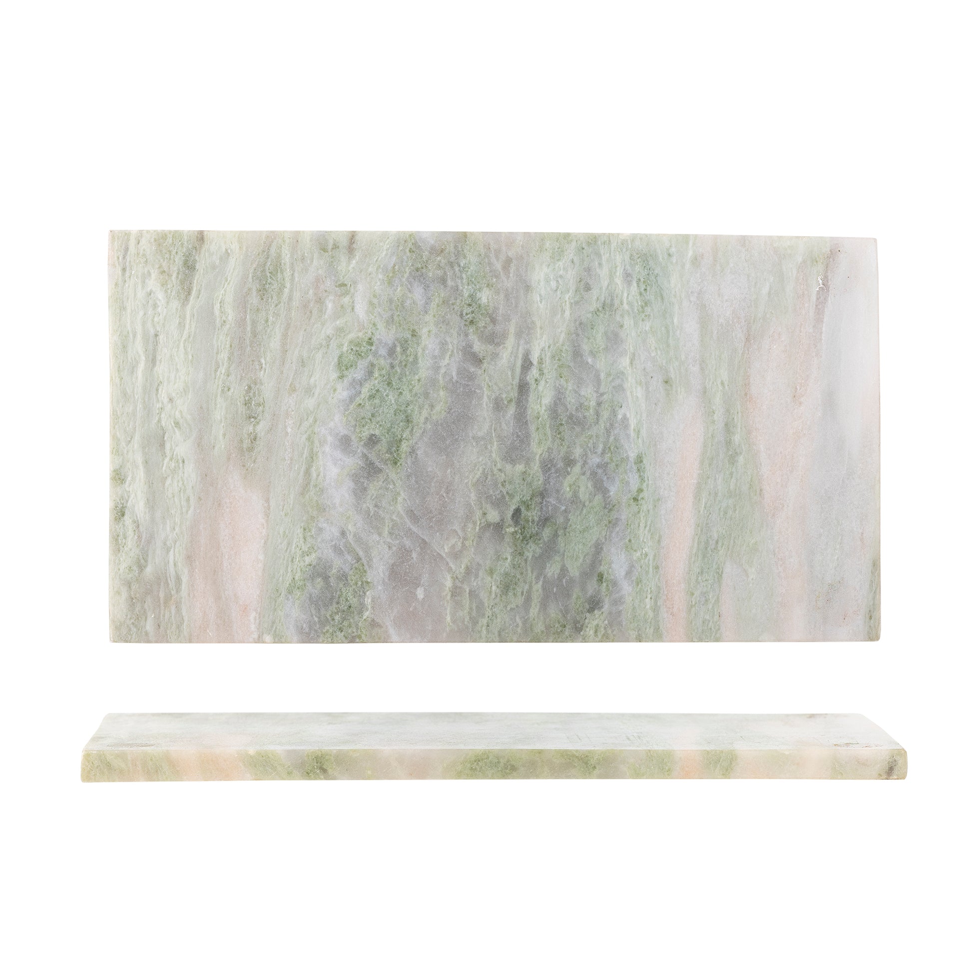 Žalia marmuro pjaustymo lenta „Keika“ – viršutinis ir šoninis vaizdas, natūralaus akmens raštas.